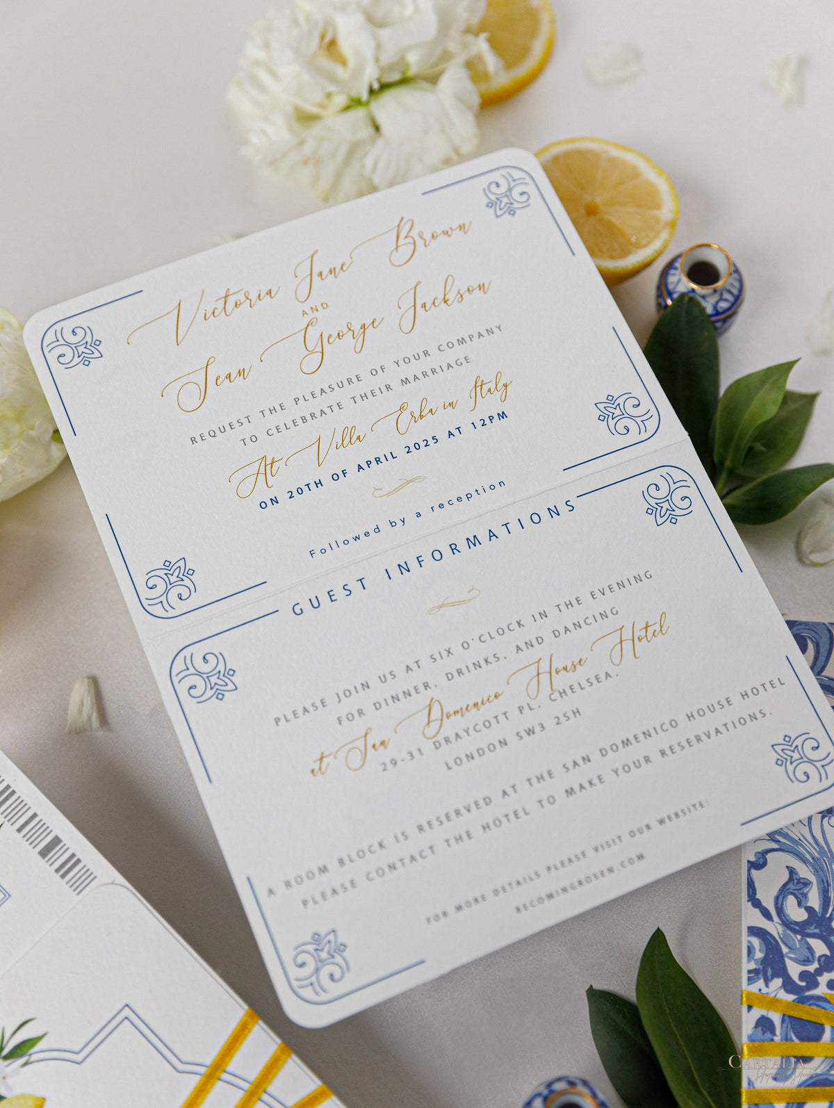 Luxury Destination Wedding Passport with Lemons and Sicilian Tiles, Italy