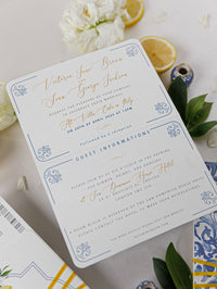 Pasaporte de boda de destino de lujo con limones y azulejos sicilianos, Italia