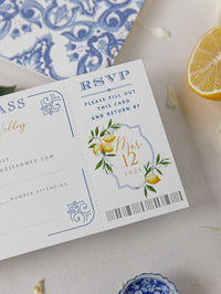 Pasaporte de boda de destino de lujo con limones y azulejos sicilianos, Italia