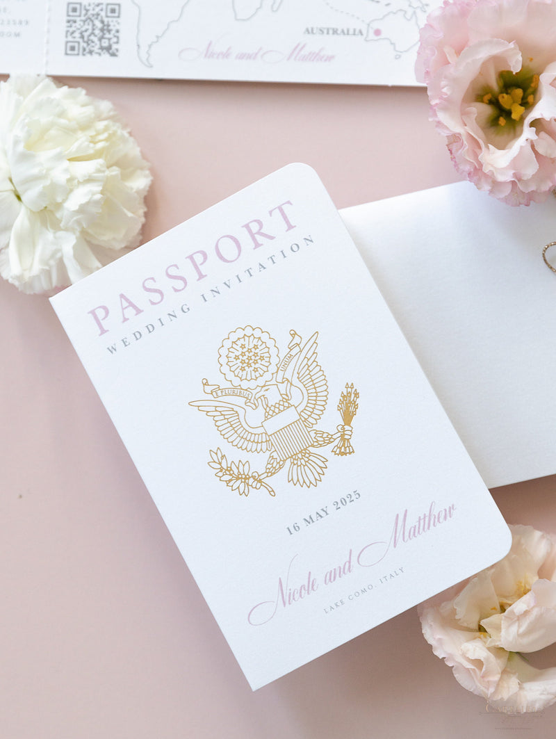 CARTELLA di invito per passaporto di nozze: portafoglio di lusso e invito per passaporto con etichetta in blush e oro
