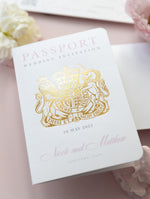 CARTELLA di invito per passaporto di nozze: portafoglio di lusso e invito per passaporto con etichetta in blush e oro