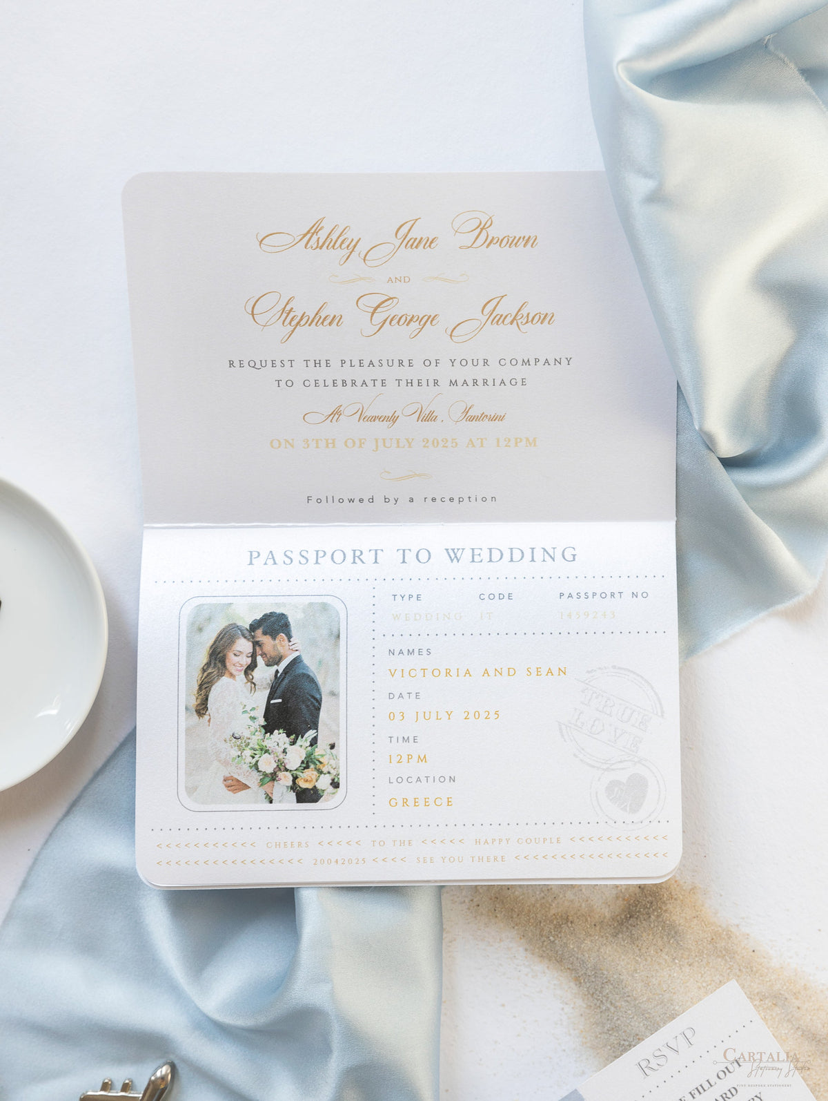 Santorini Greece Invite  - Luxury Engraved Plane in Gold Plexi Passport Wedding Invitation with Real Gold Foil