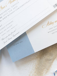 Santorini Greece Invite  - Luxury Engraved Plane in Gold Plexi Passport Wedding Invitation with Real Gold Foil