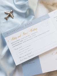 Santorini Greece Invite  - Luxury Engraved Plane in Gold Plexi Passport Wedding Invitation with Real Gold Foil