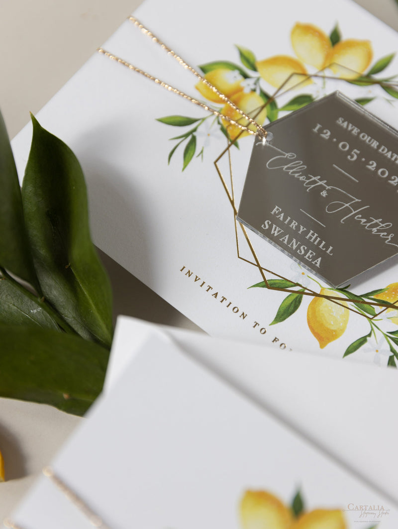 Segna la data al limone siciliano con specchio in plexi esagonale, calamita per matrimonio