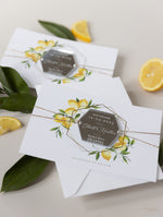 Sicilian Lemon Save the Date with Mirror Plexi Hexagon Magnet Destination Wedding