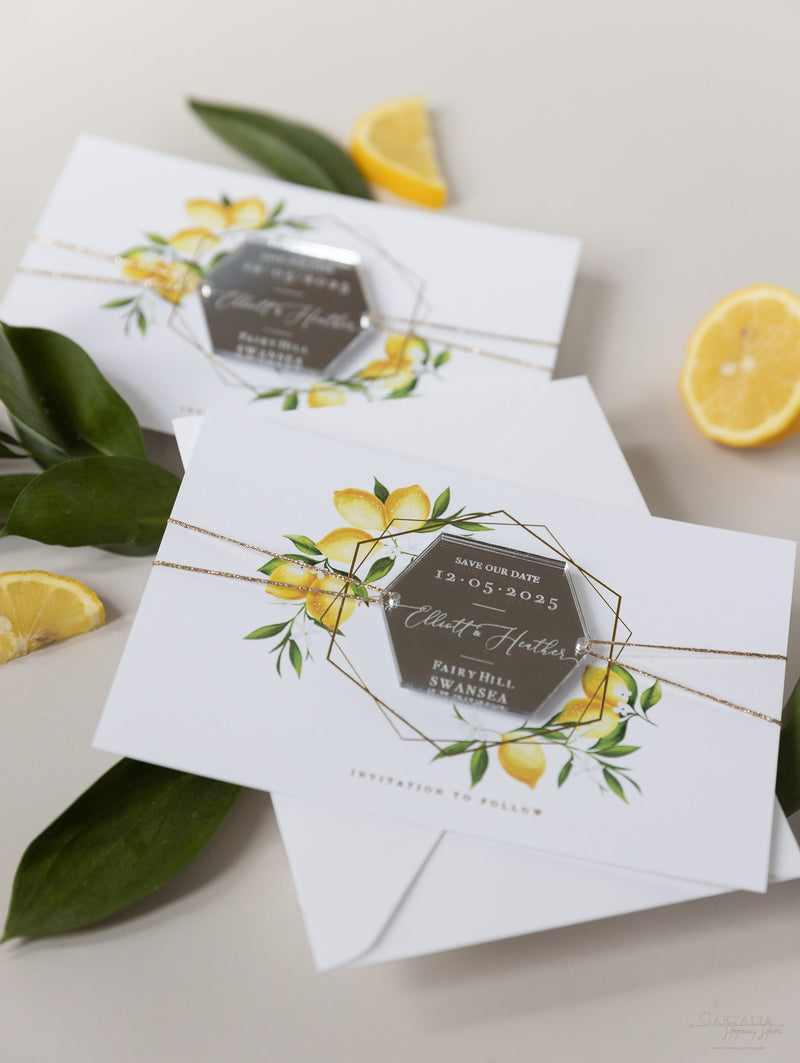 Segna la data al limone siciliano con specchio in plexi esagonale, calamita per matrimonio