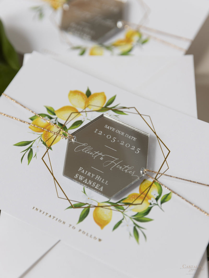 Segna la data al limone siciliano con specchio in plexi esagonale, calamita per matrimonio