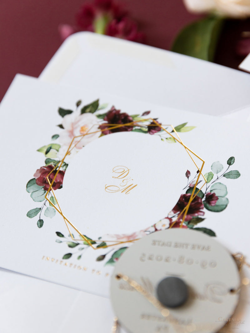 Cerchio rotondo rosso Boho Save the Date con magnete acrilico a specchio in plexi vera lamina