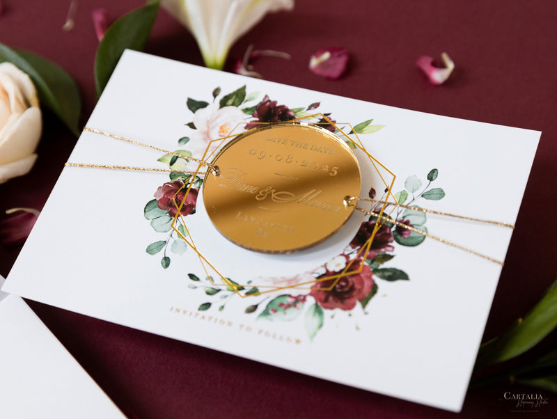 Cerchio rotondo rosso Boho Save the Date con magnete acrilico a specchio in plexi vera lamina
