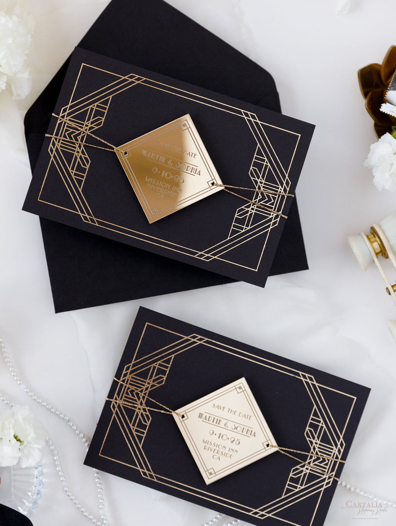 Magnete in plexi geometrico Art Déco Great Gatsby Save the Date con specchio dorato