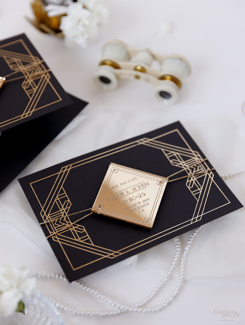 Magnete in plexi geometrico Art Déco Great Gatsby Save the Date con specchio dorato