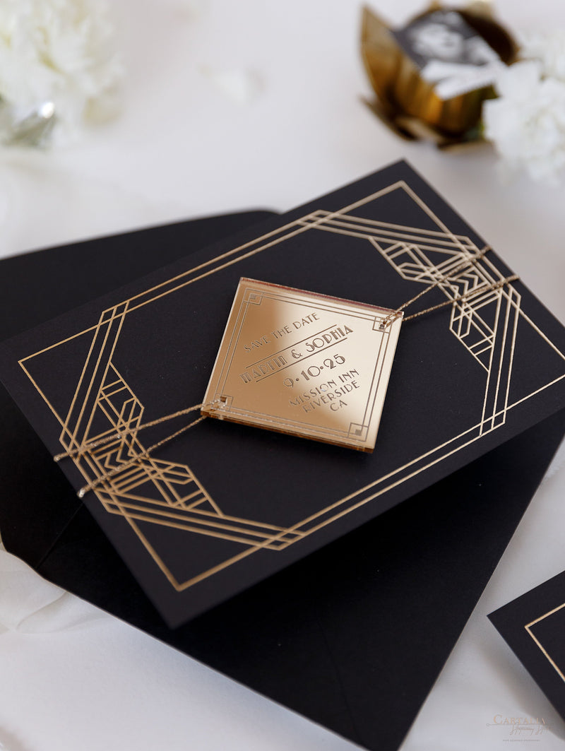 Magnete in plexi geometrico Art Déco Great Gatsby Save the Date con specchio dorato