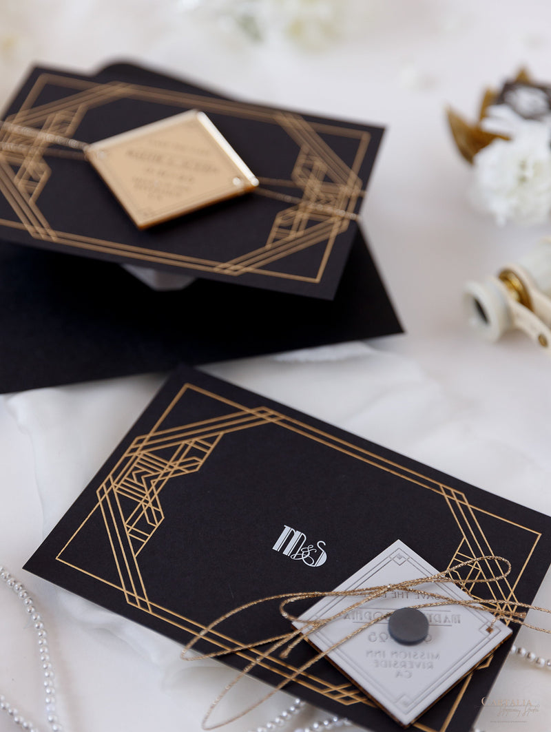 Magnete in plexi geometrico Art Déco Great Gatsby Save the Date con specchio dorato