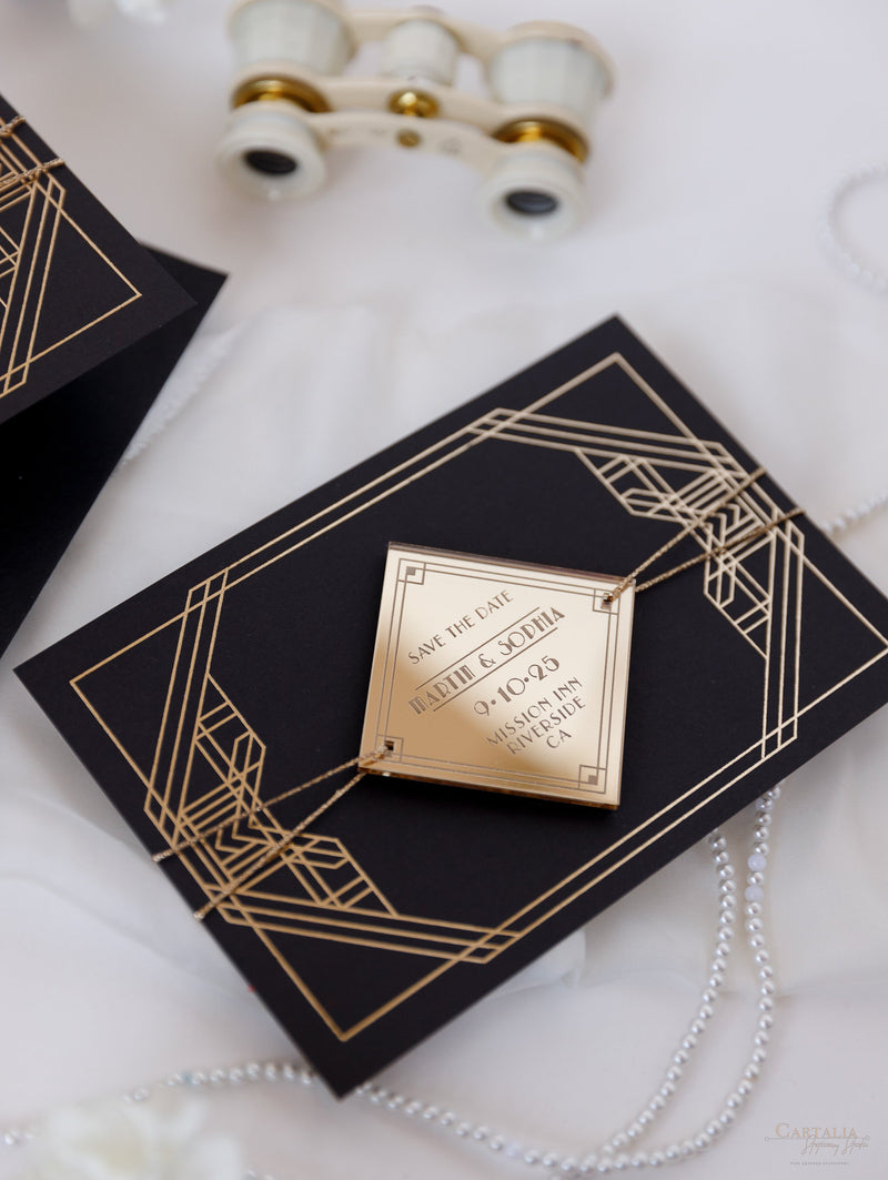 Magnete in plexi geometrico Art Déco Great Gatsby Save the Date con specchio dorato