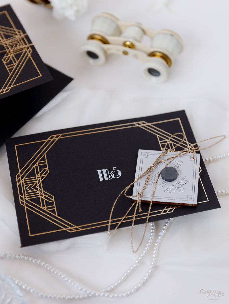 Magnete in plexi geometrico Art Déco Great Gatsby Save the Date con specchio dorato