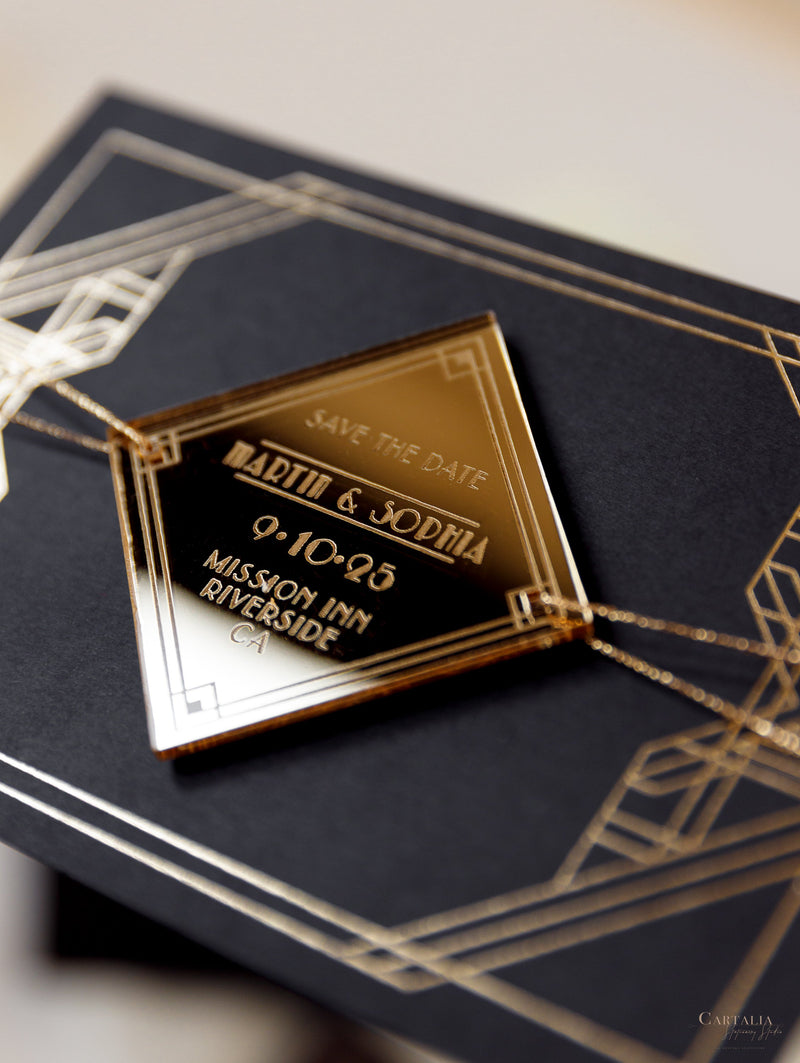 Magnete in plexi geometrico Art Déco Great Gatsby Save the Date con specchio dorato