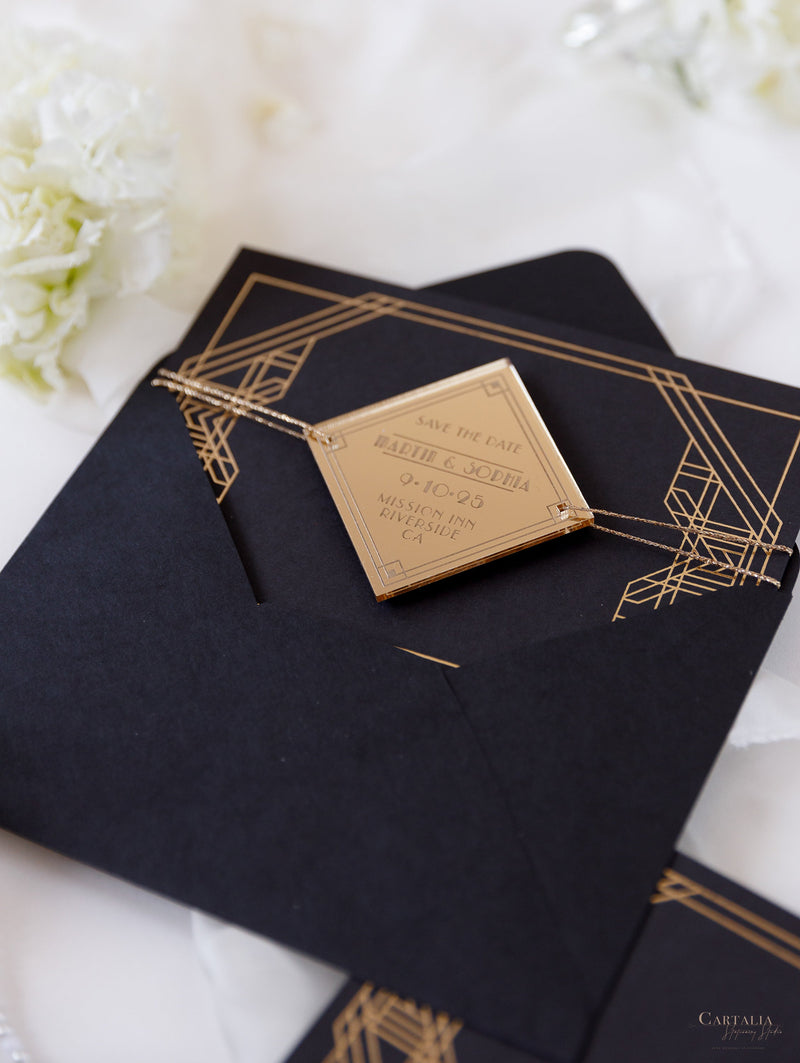 Magnete in plexi geometrico Art Déco Great Gatsby Save the Date con specchio dorato