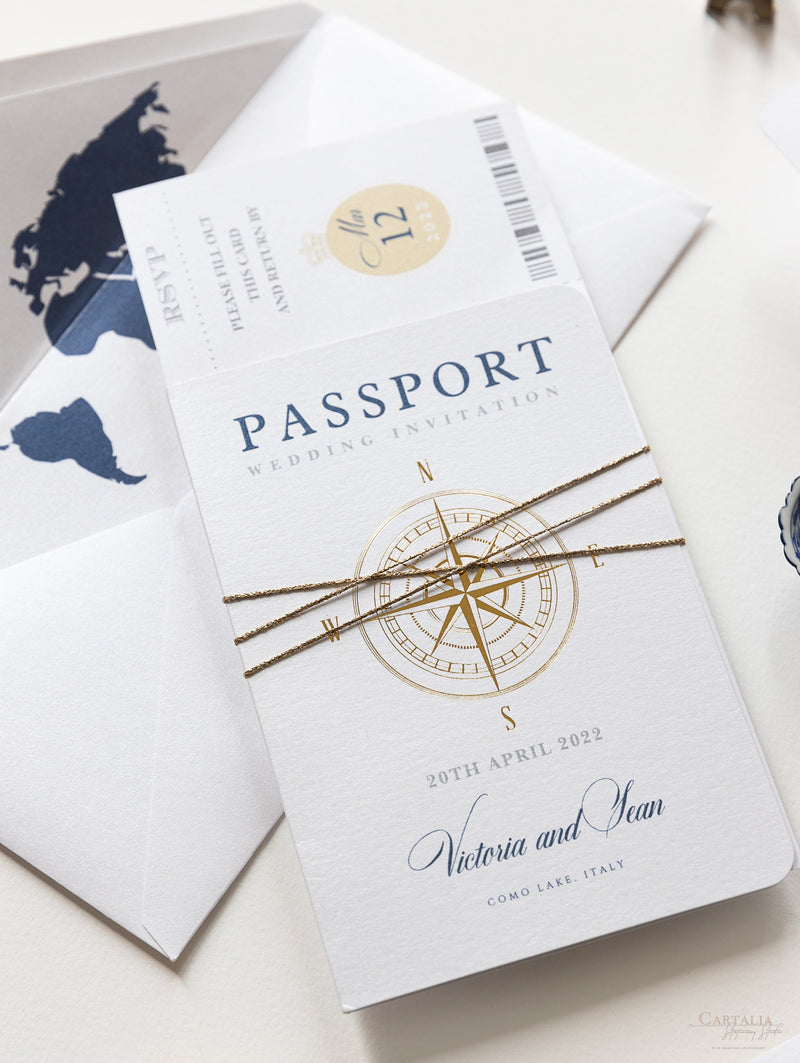 Bussola internazionale Passaporto Invito a nozze Invito per carta d'imbarco in vera lamina e rivestimento per mappa del mondo