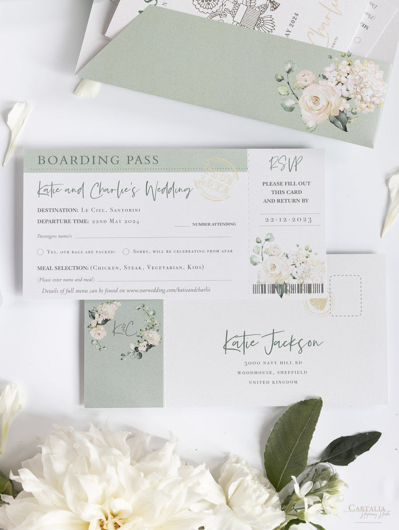 Wedding Hydrangea Folder Wallet in Sage Green, Passport Invitation & Mirror Plane Tag