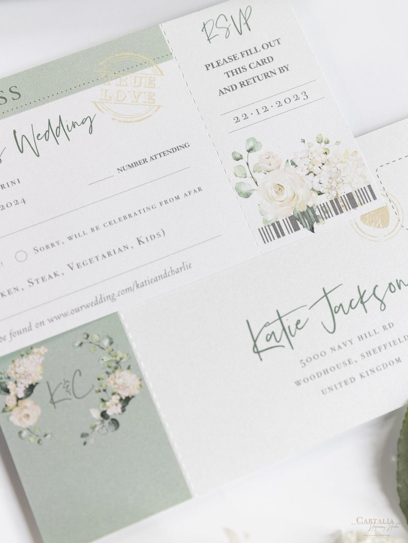 Wedding Hydrangea Folder Wallet in Sage Green, Passport Invitation & Mirror Plane Tag