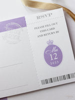 Invito a nozze con passaporto con bussola viola lilla e suite di invito con carta d'imbarco in vera lamina con rivestimento per mappa del mondo