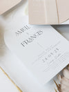 Invito a nozze ad arco | Suite minimalista con inchiostro bianco e fascia in pergamena