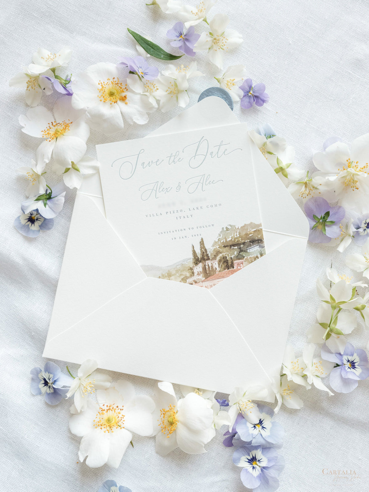 Luxury Hand Painted Save The Date with Venue Watercolour & Wax Seal |  Villa Pizzo, Lake Como,Italy