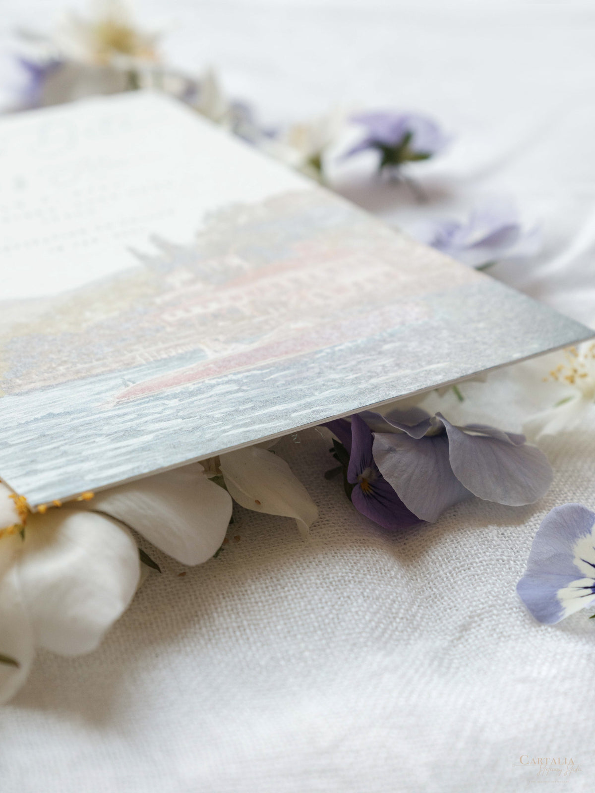 Luxury Hand Painted Save The Date with Venue Watercolour & Wax Seal |  Villa Pizzo, Lake Como,Italy