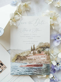 Salva la data di lusso dipinto a mano con acquerello e sigillo di cera | Villa Pizzo, Lago di Como, Italia