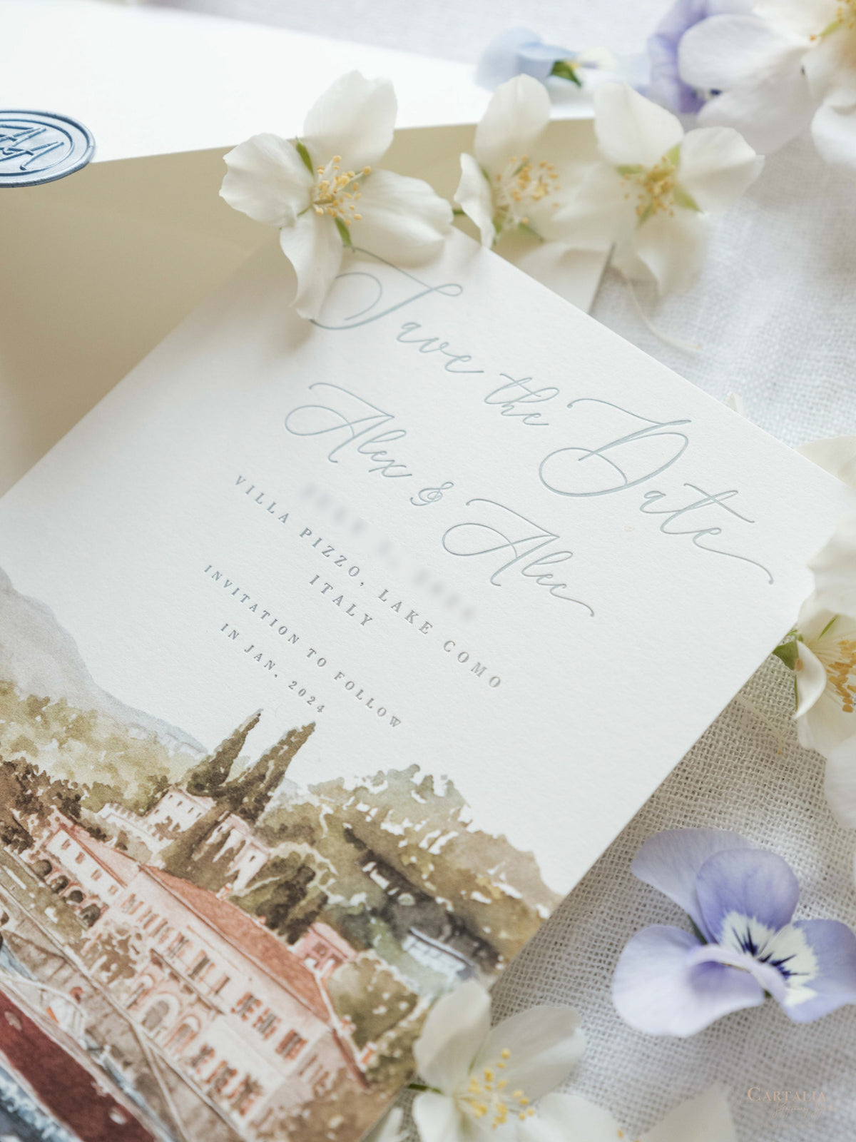 Luxury Hand Painted Save The Date with Venue Watercolour & Wax Seal |  Villa Pizzo, Lake Como,Italy