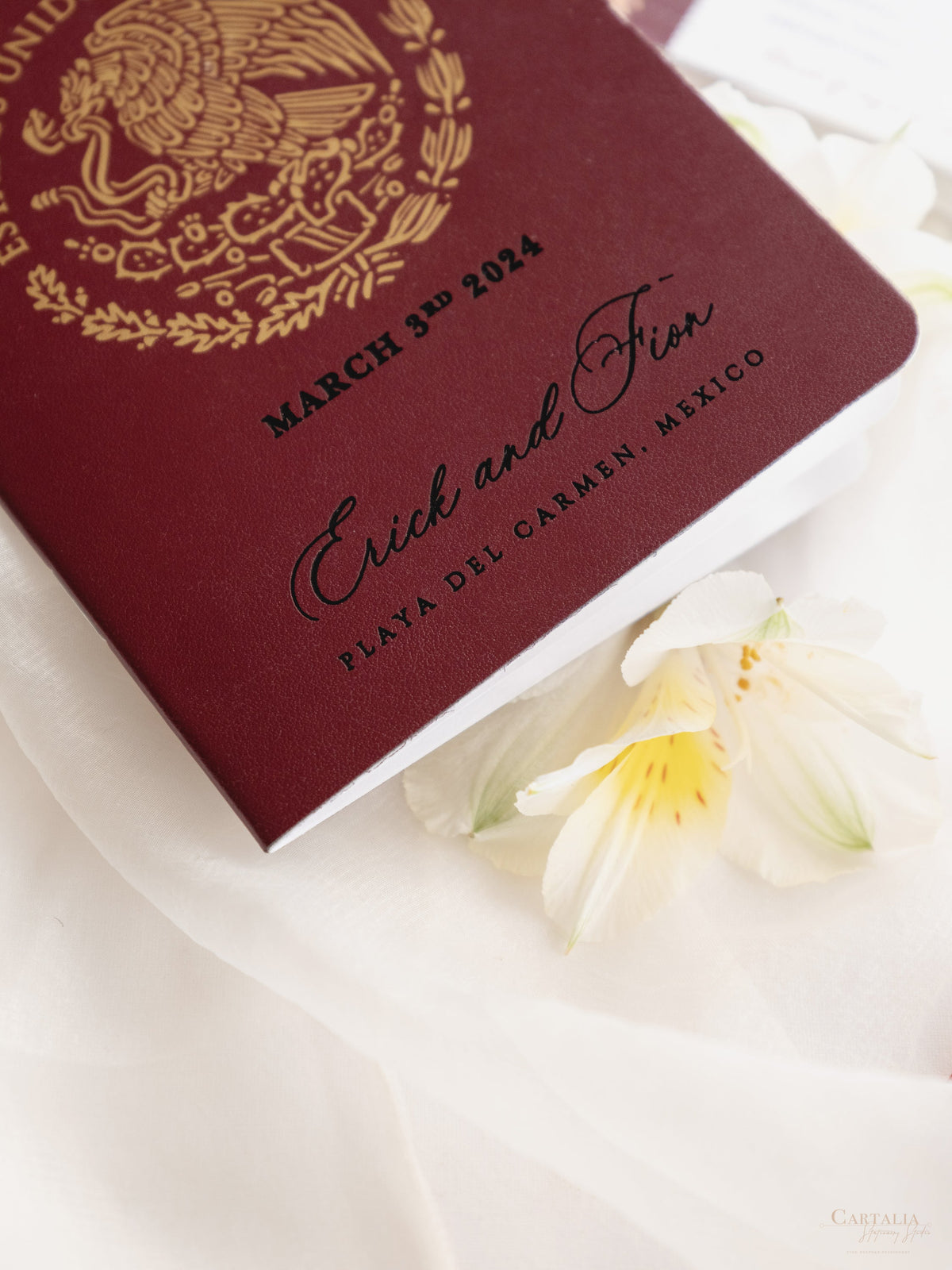 Cartera de viaje de destino de lujo | Lámina dorada y billetera de viaje grabada con Plexi Plane Passport: Invitación de pasaporte de boda de lujo