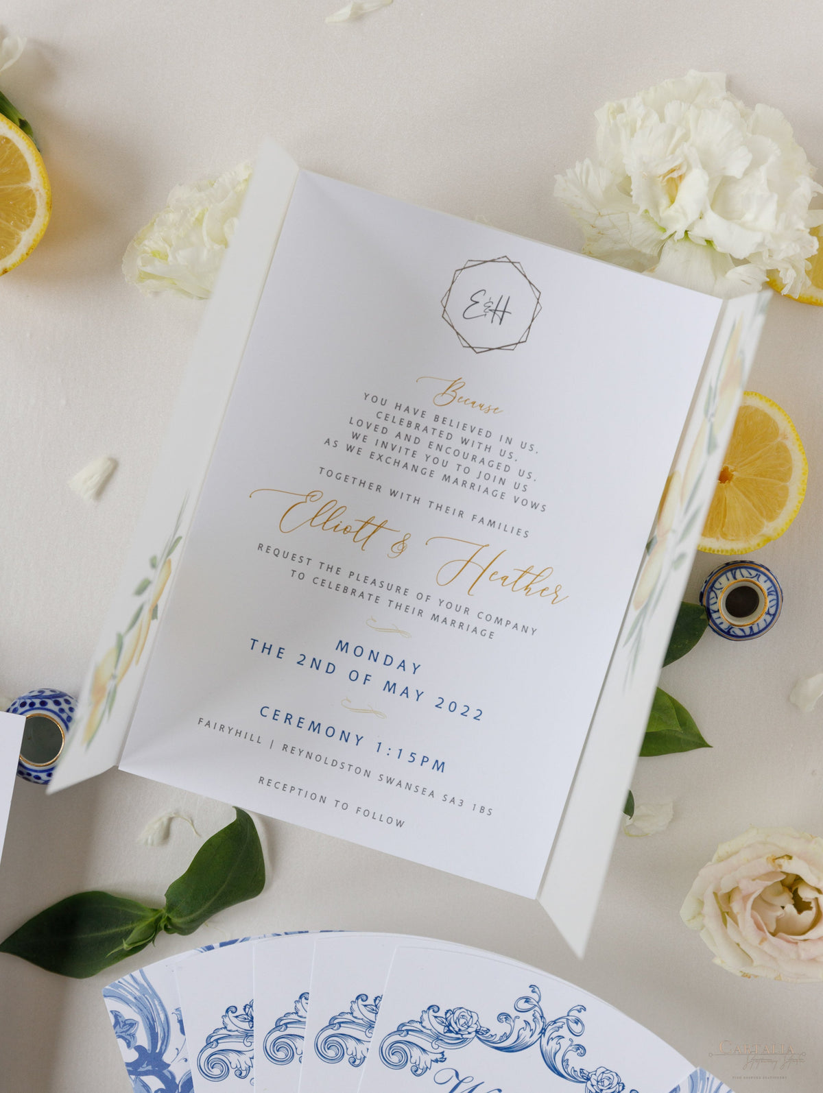 Invitation de mariage au célèbre au citron sicilien avec étiquette de miroir