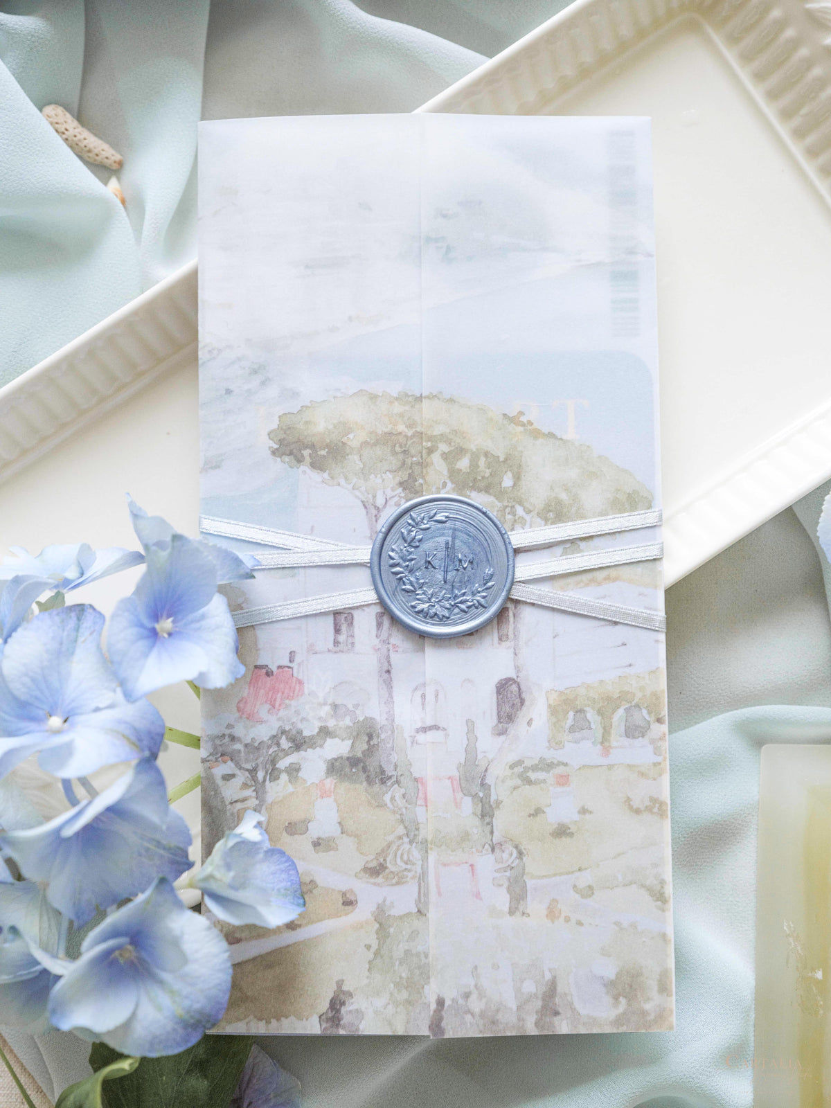 Passport Invitation Suite with Custom Vellum Watercolour Design | Villa Eva, Ravello, Amalfi Coast