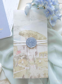 Suite de invitación para pasaporte con diseño personalizado de acuarela en pergamino | Villa Eva, Ravello, Costa de Amalfi