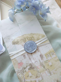 Suite de invitación para pasaporte con diseño personalizado de acuarela en pergamino | Villa Eva, Ravello, Costa de Amalfi