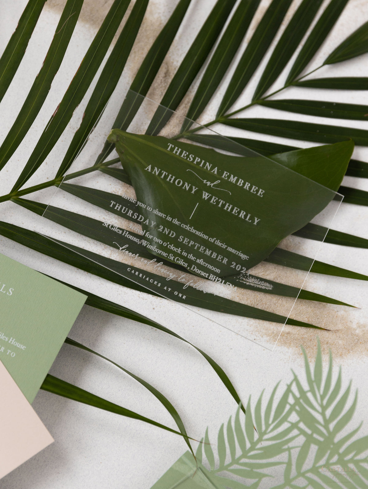 Suite de invitación de boda con hojas de palma de color verde salvia | Comisión personalizada D&amp;A