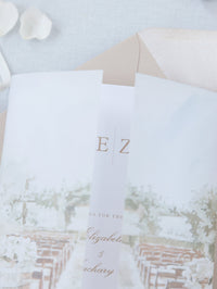 Custom Watercolour Venue Invitation on Vellum with Velvet Ribbon | Bespoke California