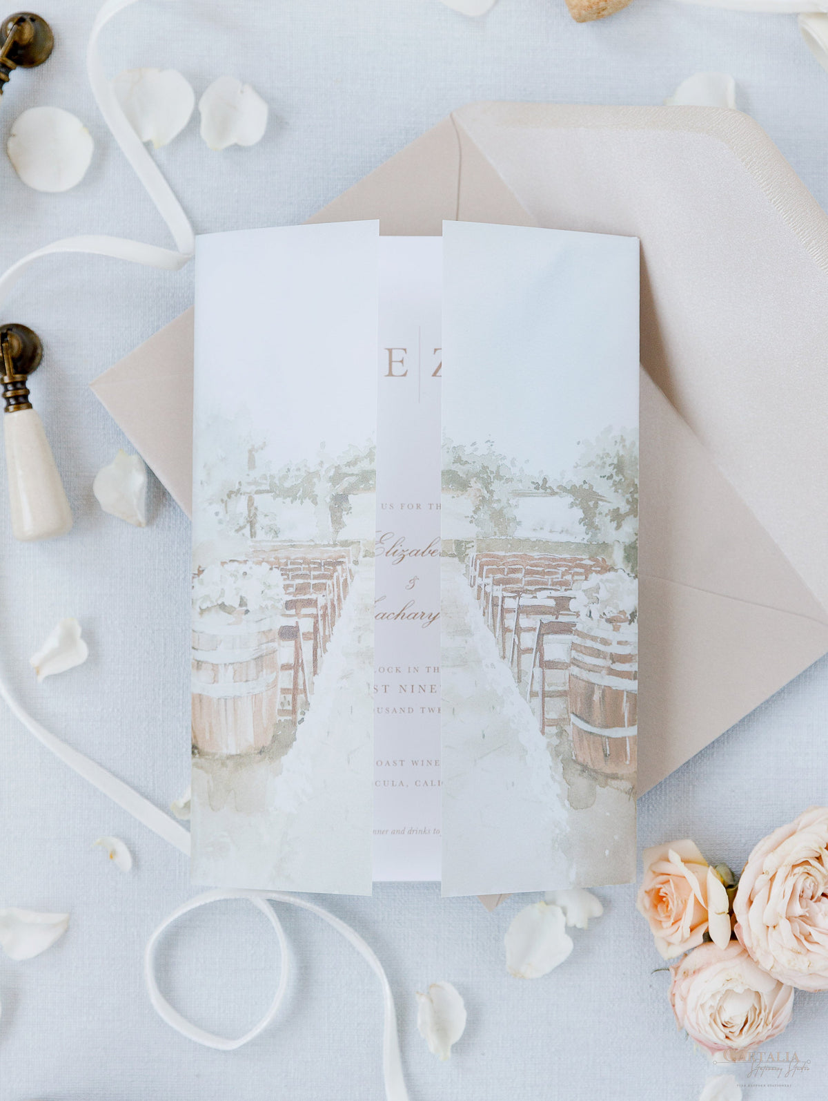 Custom Watercolour Venue Invitation on Vellum with Velvet Ribbon | Bespoke California