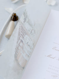 Custom Watercolour Venue Invitation on Vellum with Velvet Ribbon | Bespoke California