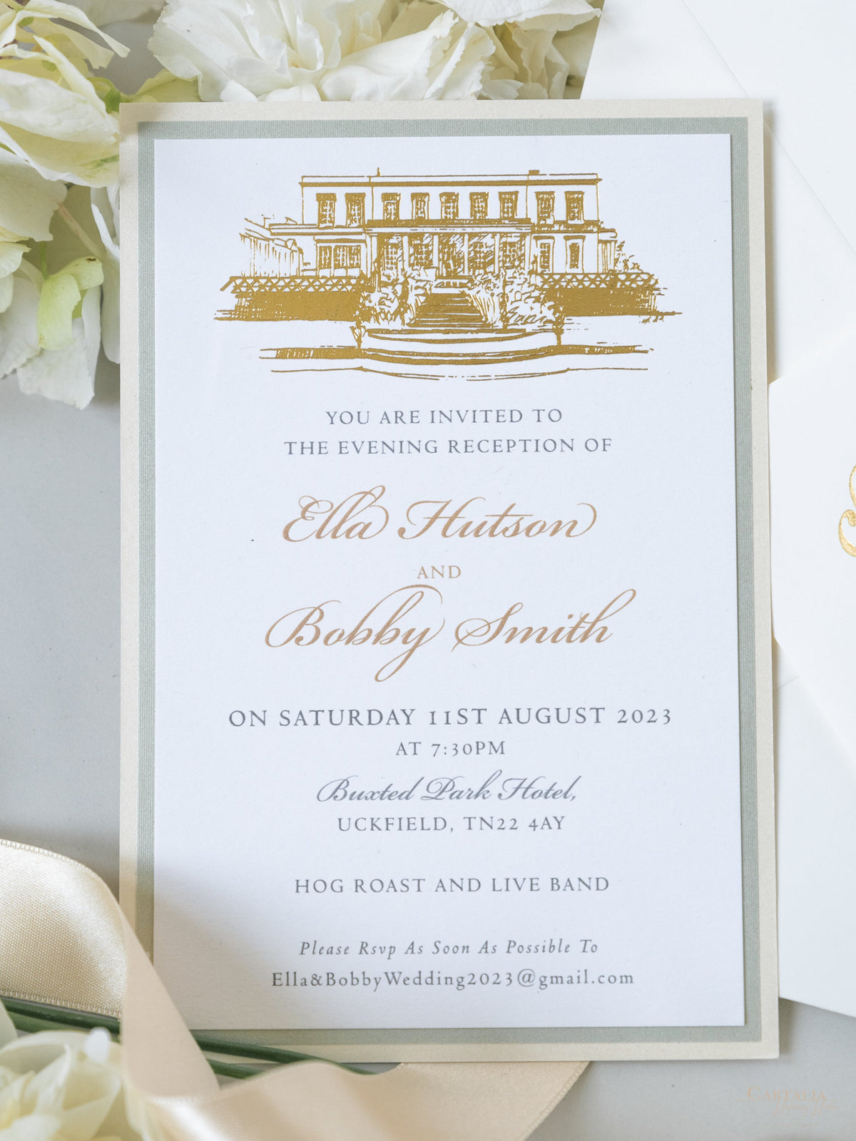 Ilustración personalizada del lugar de la boda ? Invitación frustrada para el lugar en lámina dorada de 800 g/m²