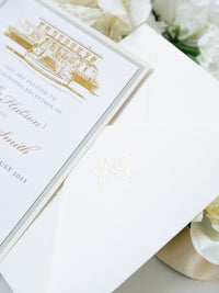 Ilustración personalizada del lugar de la boda ? Invitación frustrada para el lugar en lámina dorada de 800 g/m²