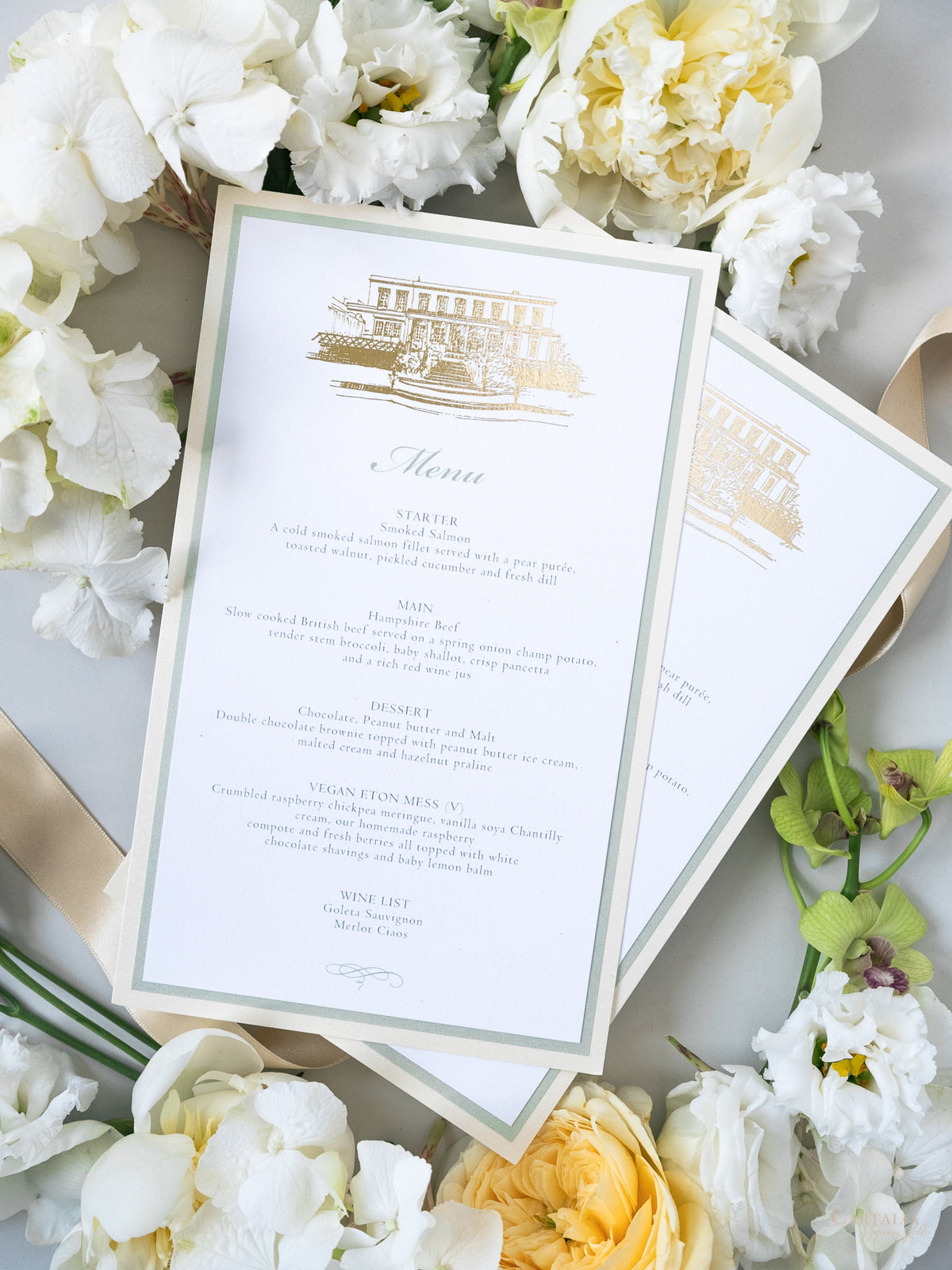 Triple Mounted Sage Green & Champagne Menu with Venue Sketch in Foil