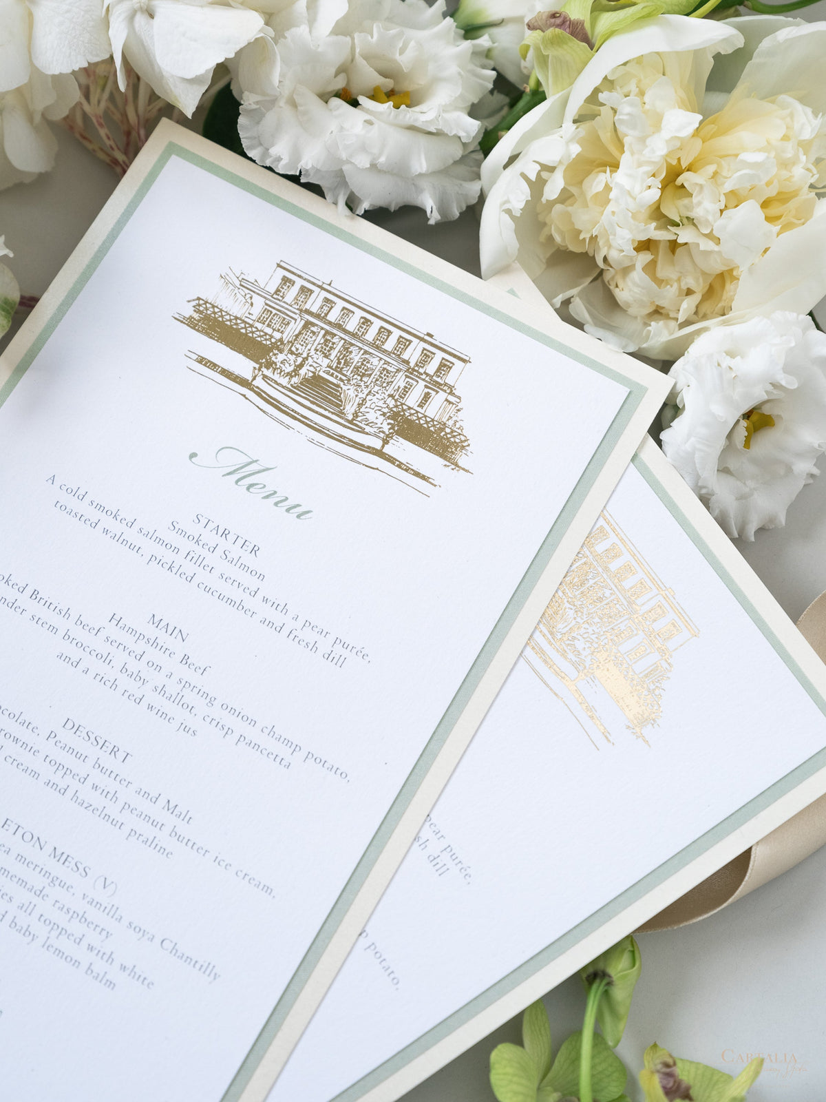 Triple Mounted Sage Green & Champagne Menu with Venue Sketch in Foil