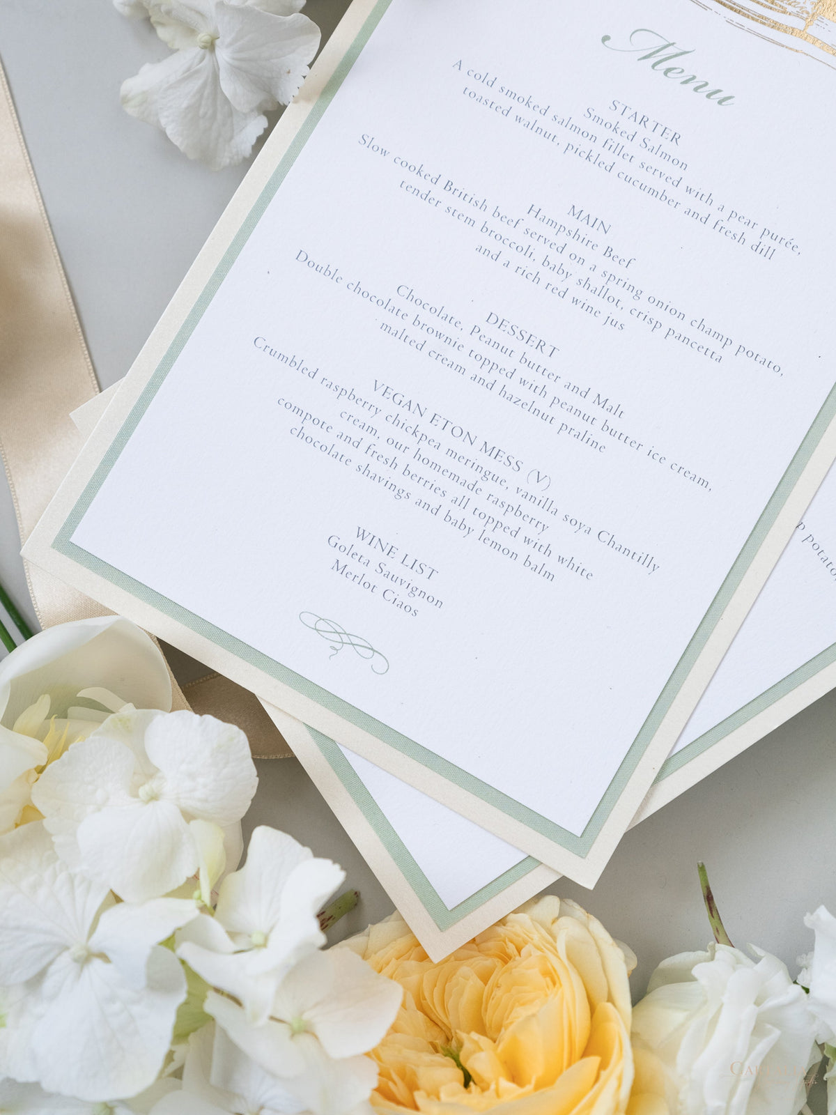 Triple Mounted Sage Green & Champagne Menu with Venue Sketch in Foil