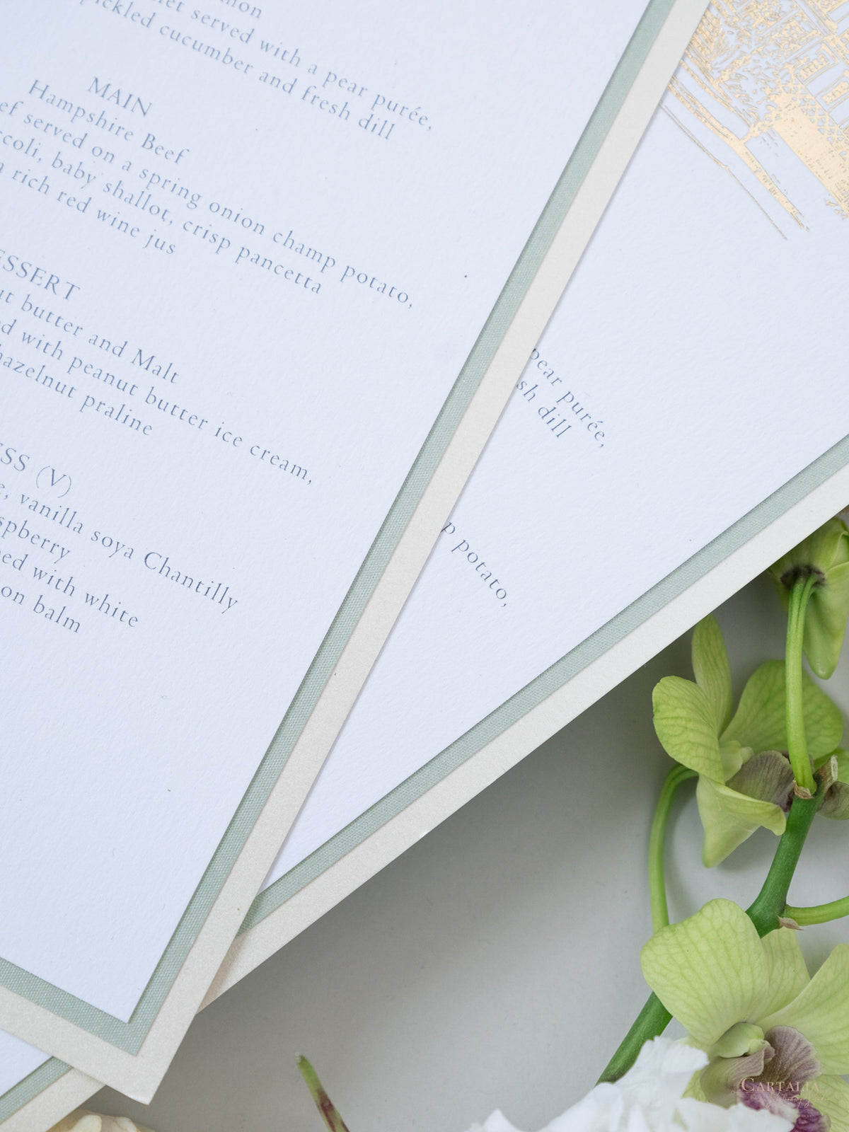 Triple Mounted Sage Green & Champagne Menu with Venue Sketch in Foil