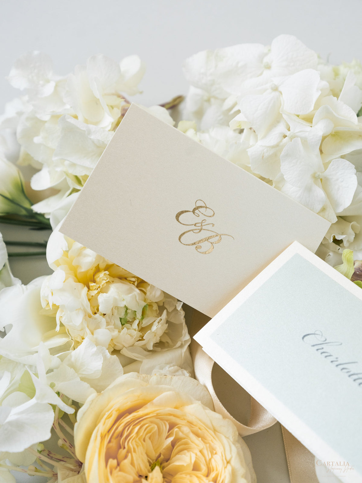 Sage Green & Champagne Place Cards with Gold Foil Monogram