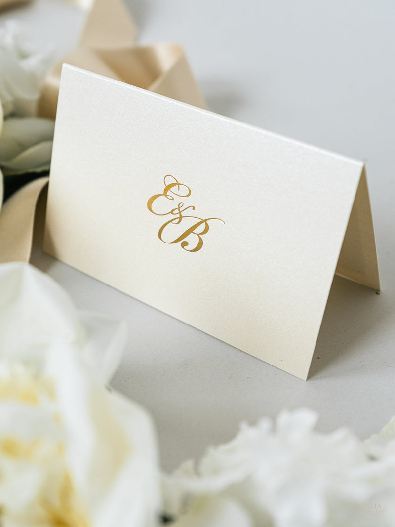 Sage Green & Champagne Place Cards with Gold Foil Monogram