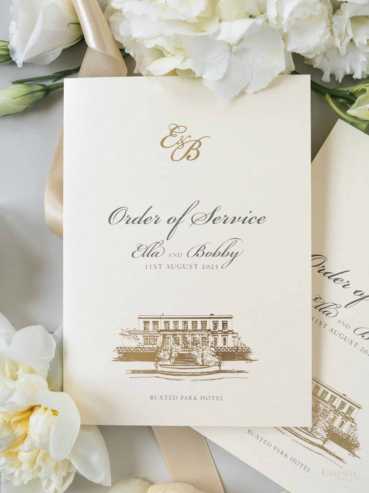 Order Of Service with Bespoke Venue Sketch In Gold Foil