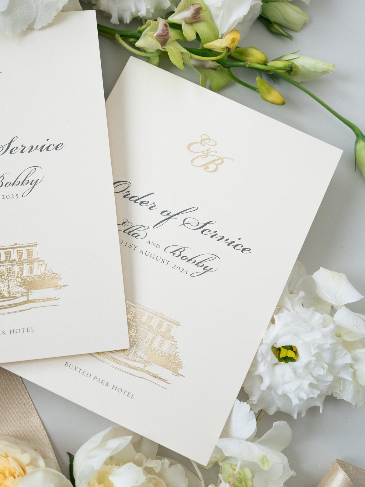 Order Of Service with Bespoke Venue Sketch In Gold Foil